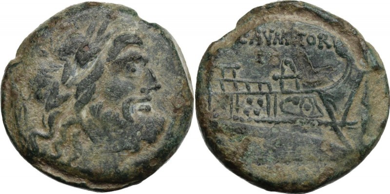 C. Numitorius. AE Semis, 133 BC. Laureate head of Saturn right; behind, [S]. / P...