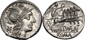P. Maenius Antiaticus M. f. AR Denarius, 132 BC. Helmeted head of Roma right; behind, X. / Victory in quadriga right, holding reins and palm-branch in...