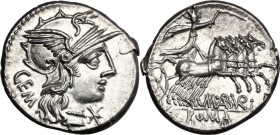 M. Aburius M.f. Geminus. AR Denarius, 132 BC. Helmeted head of Roma right; behind, GEM; before, X. / Sol in quadriga right, holding reins and whip; be...