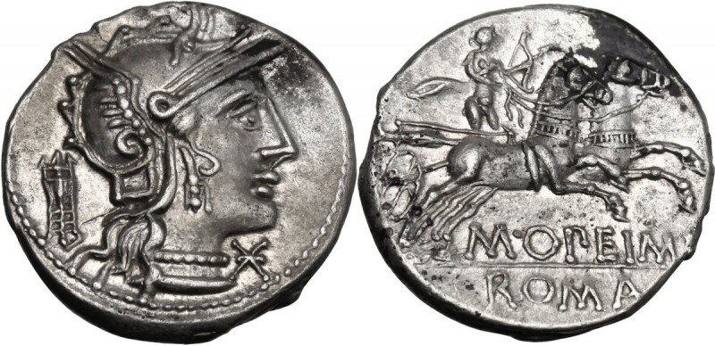 M. Opimius. AR Denarius, 131 BC. Helmeted head of Roma right; behind, tripod; be...