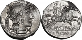 M. Opimius. AR Denarius, 131 BC. Helmeted head of Roma right; behind, tripod; before, X. / Apollo in quadriga right, holding bow in left hand and arro...