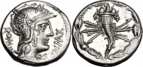 Q. Fabius Maximus. AR Denarius, 127 BC. Helmeted head of Roma right; below chin, X; behind, ROMA; before, Q. MAX. / Cornucopiae on thunderbolt within ...