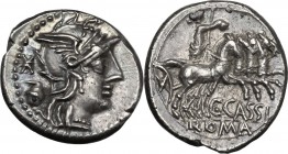 C. Cassius. AR Denarius, 126 BC. Helmeted head of Roma right; behind, urn and X. / Liberty in quadriga right; below horses, C. CASSI; in exergue, ROMA...