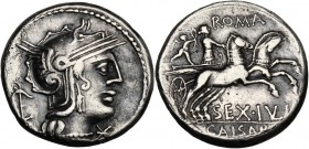 Sex. Julius Caesar. AR Denarius, 129 BC. Helmeted head of Roma right; behind, anchor; below chin, X. / ROMA. Venus in prancing biga right, crowned by ...
