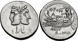 C. Fonteius. AR Denarius, 114-113 BC. Laureate Janiform head of Dioscuri; on left, I and on right, X. / C. FONT. Galley with pilot and three rowers le...