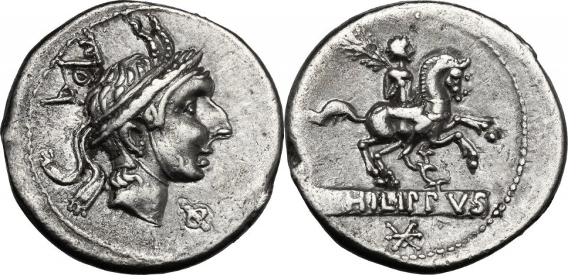 L. Philippus. AR Denarius, 113 or 11 BC. Head of Philip of Macedon right, wearin...