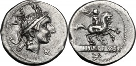L. Philippus. AR Denarius, 113 or 11 BC. Head of Philip of Macedon right, wearing royal Macedonian helmet; under chin, Φ; behind, ROMA monogram. / Equ...