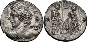 Lucius Caesius. AR Denarius, 112-111 BC. Youthful bust of Vejovis left, seen from behind, holding thunderbolt in upraised right hand; in right field, ...