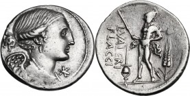 L. Valerius Flaccus. AR Denarius, 108-107 BC. Draped bust of Victory right; below chin, X. / L. VALERI/FLACCI. Mars walking left, holding spear and tr...