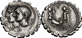 C. Sulpicius C.f. Galba. AR Denarius serratus, 106 BC. Jugate, laureate heads of Dei Penates left; before, D. P. P. / Two male figures standing facing...