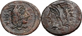 L. Thorius Balbus. Fourreé brockage Denarius, 105 BC. Head of Juno of Lanuvium right, wearing goats skin; behind, I. S. M. R. (Juno Sispes Mater Regin...
