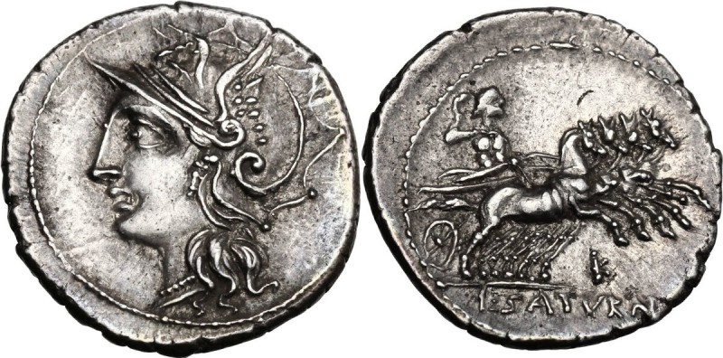 L. Appuleius Saturninus. AR Denarius, 104 BC. Helmeted head of Roma left. / Satu...