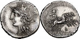 L. Appuleius Saturninus. AR Denarius, 104 BC. Helmeted head of Roma left. / Saturn in quadriga right; below horses, K and dot; in exergue, L. SATVRN. ...