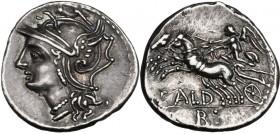 C. Coelius Caldus. AR Denarius, 104 BC. Helmeted head of Roma left. / Victory in biga left; below horses, CALD; in exergue, B and two dots. Cr. 318/1b...