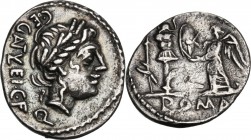C. Egnatuleius C.f. AR Quinarius, 97 BC. Laureate head of Apollo right; below, Q; behind, C. EGNATVLEI. C. F. / Victory left inscribing shield attache...