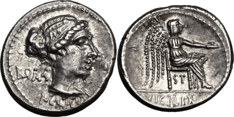 M. Cato. AR Denarius, 89 BC. Draped female bust right, hair tied with band; behi...