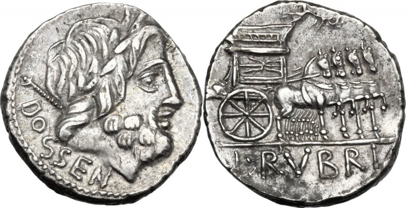 L. Rubrius Dossenus. AR Denarius, 87 BC. DOSSEN. Laureate head of Jupiter right,...