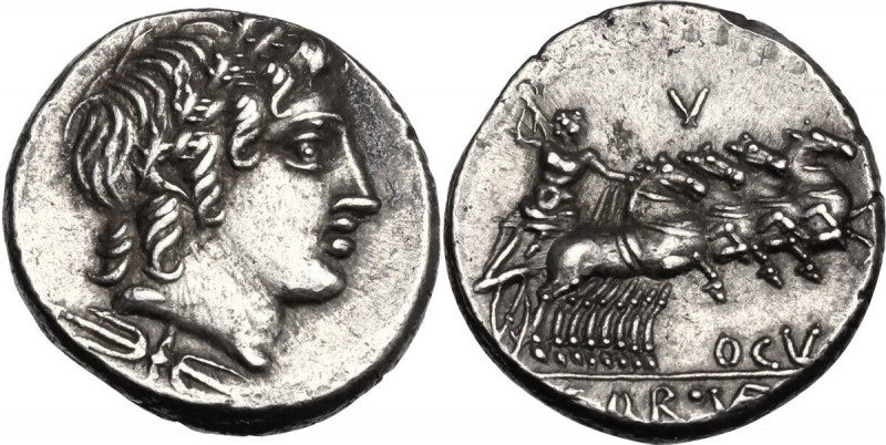 Gargilius, Ogulnius and Vergilius. AR Denarius, 86 BC. Head of Apollo right, wea...