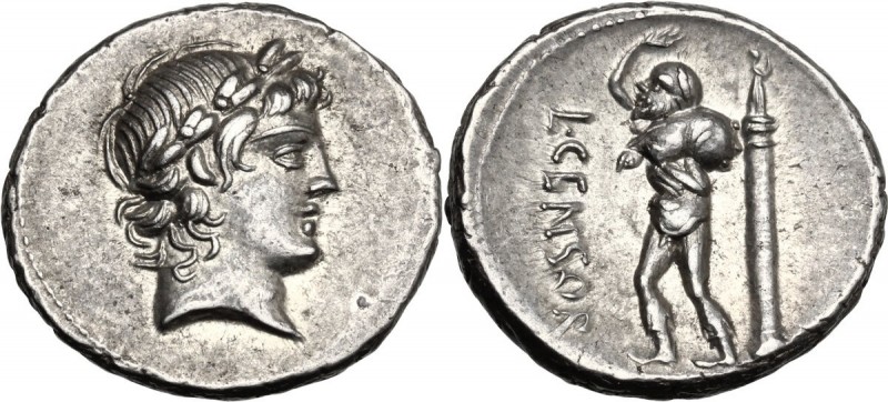 L. Censorinus. AR Denarius, 82 BC. Laureate head of Apollo right. / L. CENSOR. T...