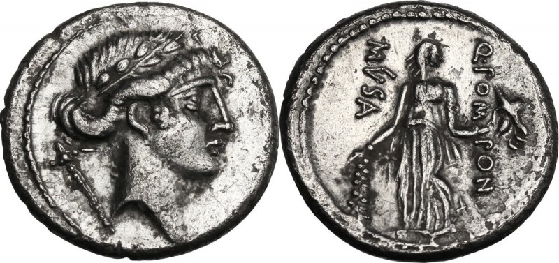 Q. Pomponius Musa. AR Denarius, 66 BC. Laureate head of Apollo right; behind, sc...