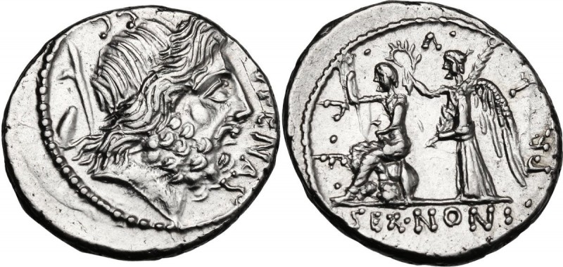 M. Nonius Sufenas. AR Denarius, 59 BC. Head of Saturn right; before, SVFENAS; be...