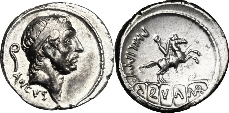 L. Marcius Philippus. AR Denarius, 56 BC. Diademed head of Ancus Marcius right; ...