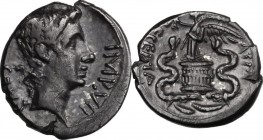 Augustus (27 BC - 14 AD). AR Quinarius, uncertain Italian or Ephesus mint, 29-28 BC. CAESAR IMP VII. Bare head right. / ASIA RECEPTA. Victory standing...