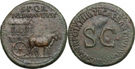 Julia Augusta (Livia), wife of Augustus (died 29 AD). AE Sestertius, struck under Tiberius. SPQR/ IVLIAE AVGVST. Carpentum drawn right by two mules. /...