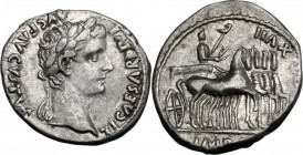 Tiberius (14-37). AR Denarius, Lugdunum mint, 15-16 AD. TI CAESAR DIVI AVG F AVGVSTVS. Laureate head right. / TR POT XVII IMP VII (in exergue). Tiberi...