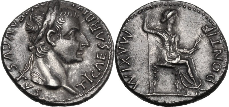 Tiberius (14-37). AR Denarius 'Tribute Penny' type. Lugdunum mint, 36-37 AD. TI ...