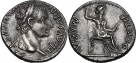 Tiberius (14-37). AR Denarius 'Tribute Penny' type. Lugdunum mint, 36-37 AD. TI CAESAR DIVI AVG F AVGVSTVS. Laureate head right. / PONTIF MΛXIM. Livia...