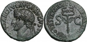 Tiberius (14-37). AE As, Rome mint, 36-37 AD. TI CAESAR DIVI AVG F AVGVST IMP. Laureate head left. / PONTIF MAXIM TRIBVN POTEST XXXIIX. Winged caduceu...