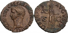 Claudius (41-54). AE As, Rome mint, 50-54 AD. TI CLAVDIVS CAESAR AVG PM TR P IMP PP. Bare head left. / LIBERTAS AVGVSTA SC. Libertas standing facing, ...