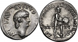 Nero (54-68). AR Denarius, Lugdunum mint, 60-61 AD. [NERO] CAESAR AVG IMP. Bare head right. / PONTIF MAX TR P VII COS III PP. Roma, helmeted and in mi...
