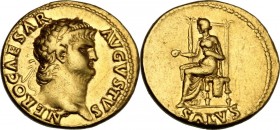 Nero (54-68). AV Aureus, Rome mint, 65-66 AD. NERO CAESAR AVGVSTVS. Laureate head right. / SALVS. Salus seated left on throne, holding patera and rest...