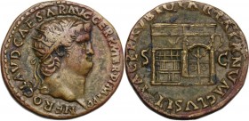 Nero (54-68). AE Dupondius, Rome mint. NERO CLAVD CAESAR AVG GER PM TR P IMP PP. Radiate head right. / PACE PR VBIQ PARTA IANVM CLVSIT SC. Temple of J...