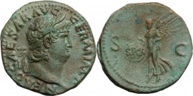 Nero (54-68). AE As, Rome mint. NERO CAESAR AVG GERM IMP. Laureate head right. / SC. Victory flying left, holding in both hands shield inscribed SPQR....