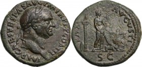 Vespasian (69-79). AE Sestertius, 71 AD. IMP CAES VESPAS AVG PM TR P PP COS III. Laureate head right. / PAX AVGVSTI SC. Pax standing right, holding br...