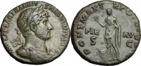 Hadrian (117-138). AE As, 119-121 AD. IMP CAESAR TRAIANVS HADRIANVS AVG. Laureate, draped and cuirassed bust right. / PONT MAX TR POT COS [III] SC. Pi...