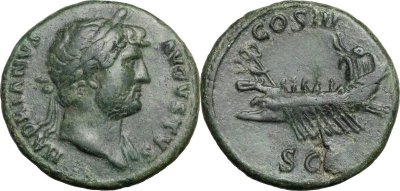 Hadrian (117-138). AE As. HADRIANVS AVGVSTVS. Laureate bust right, with slight d...