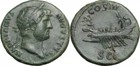 Hadrian (117-138). AE As. HADRIANVS AVGVSTVS. Laureate bust right, with slight drapery on far shoulder. / COS III SC. Ship with rowes and pilot, left....
