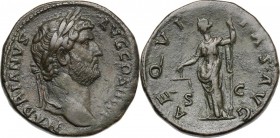 Hadrian (117-138). AE Sestertius, 134-138 AD. HADRIANVS AVG COS III PP. Laureate head right. / AEQVITAS AVG SC. Aequitas standing left, holding scales...
