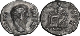 Aelius (Caesar 136-138). AR Denarius, Rome mint. L AELIVS CAESAR. Bare head right. / TR POT COS II CONCORD. Concordia seated left, holding patera and ...