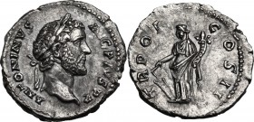 Antoninus Pius (138-161). AR Denarius, 139 AD. ANTONINVS AVG PIVS P P. Laureate head right. / TR POT COS II. Fortuna standing left, holding rudder and...