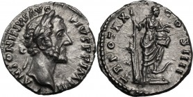 Antoninus Pius (138-161). AR Denarius, 156-157 AD. ANTONINVS AVG PIVS PP IMP II. Laureate head right. / TR POT XX COS IIII. Annona standing right, lef...