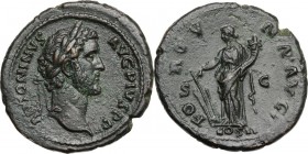 Antoninus Pius (138-161). AE As, 139 AD. ANTONINVS AVG PIVS P P. Laureate bust right. / FORTVNA AVG COS II (in exergue) SC. Fortuna standing left, hol...