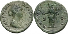 Faustina II, wife of Marcus Aurelius (died 176 AD). AE Sestertius. Struck under Antoninus Pius, 161 AD. FAVSTINA AVGVSTA. Draped bust right. / AVGVSTI...