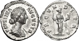 Faustina II, wife of Marcus Aurelius (died 176 AD). AR Denarius. FAVSTINA AVGVSTA. Draped bust right. / FECVNDITAS. Fecunditas standing right, holding...