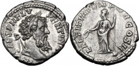 Pertinax (193 AD). AR Denarius. IMP CAES P HELV PERTIN AVG. Laureate head right. / LAETITIA TEMPOR COS II. Laetitia, standing left, holding wreath and...