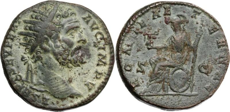 Septimius Severus (193-211). AE Dupondius, 195 AD. L SEPT SEV PERT AVG IMP V. Ra...